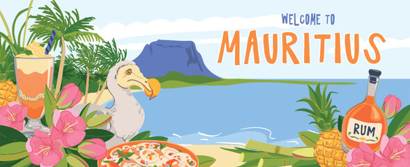 View from the beach to the panorama of Mauritius island and Le Morne Brabant mountain. Dodo bird, flowers trochetia boutoniana, pineapple, rum, cocktail. Vector landmarks in flat style. Paradise. © Tata Pilip