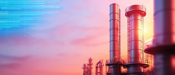 Digitalized refinery, cyber-industrial complex with live data feeds, 3D illustration