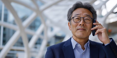 A middle-aged Asian man in a navy business suit speaking on a mobile