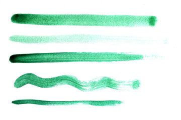 Obraz premium Set of green watercolor brush strokes isolated on white background. Texture paper.