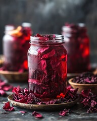 An iced hibiscus tea with a vibrant red color in a glass jar