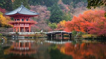 Obraz premium Serene Autumn Landscape with Traditional Japanese Architecture