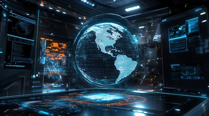 Obraz premium A 3D holographic search engine displaying a rotating globe with live search queries, symbolizing global, real-time information access.