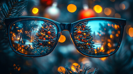 close-up of pair of stylish eyeglasses reflecting beautifully decorated Christmas tree with lights ornaments