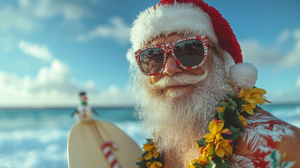 Funny stylish santa claus surfer with surfboard on turquoise ocean sea summer beach