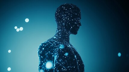 A human silhouette with an AI-powered exoskeleton, symbolizing enhanced human capabilities through technology