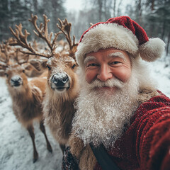 Funny santa claus grandpa making selfie with his reindeer modern lifestyle illustration, Merry Christmas