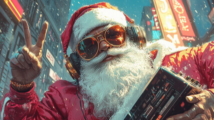 Funny santa claus grandpa with stereo player modern lifestyle futuristic illustration, Merry Christmas