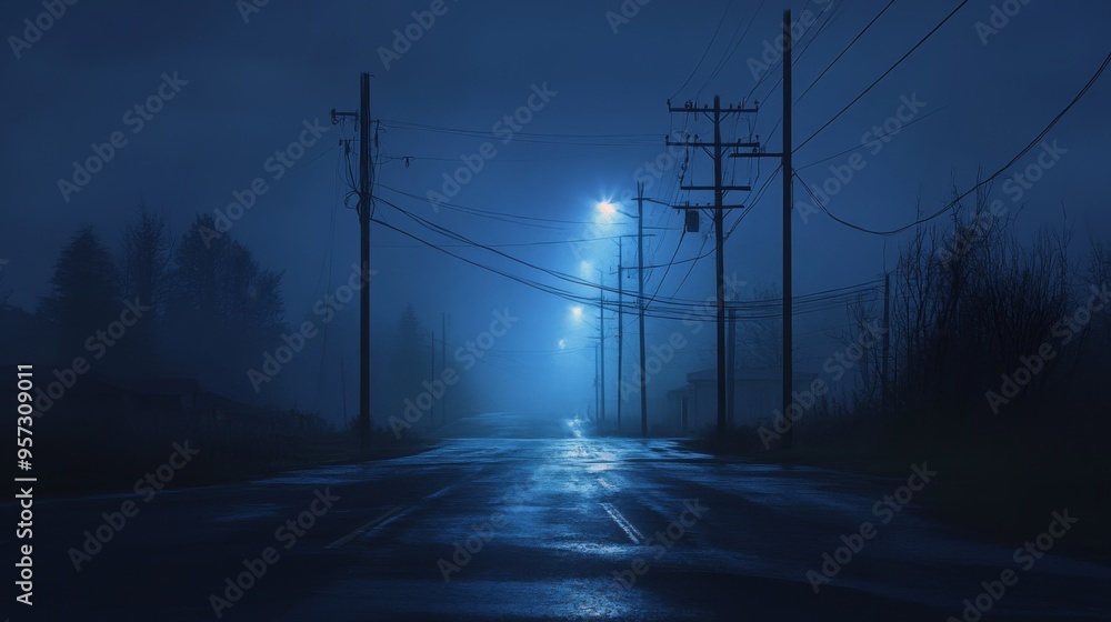 Aufkleber a dramatic night scene with illuminated electric poles casting light on a quiet street, with the con