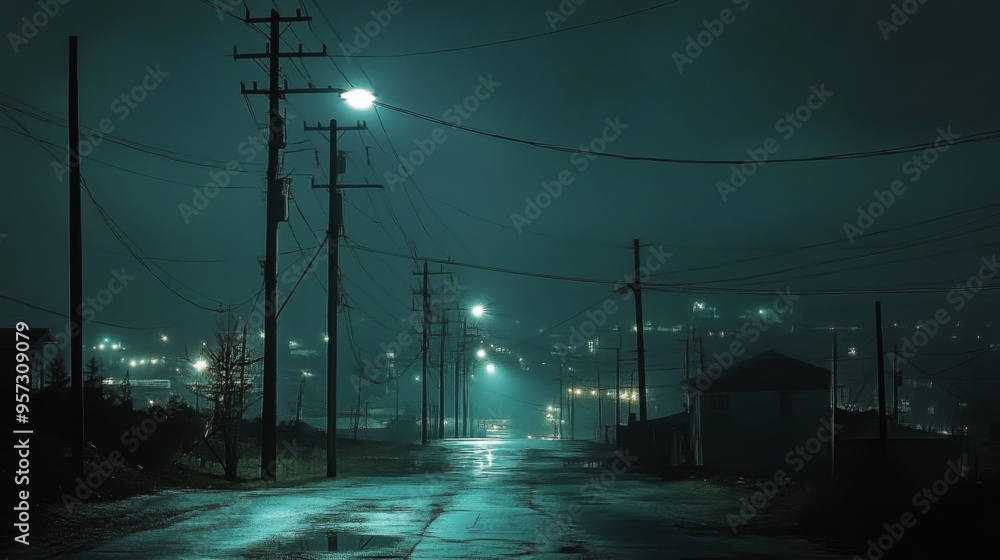 Poster a dramatic night scene with illuminated electric poles casting light on a quiet street, with the con
