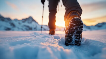 A close-up view of a hiker's boots making footprints in the fresh snow during a sunset backdrop, embodying adventure, solitude, and the beauty of winter trekking in nature.