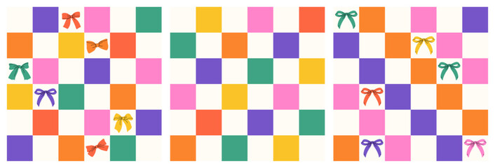 Set of groovy checkered patterns in vibrant colors like pink, purple, orange, green, and yellow with rainbow bows. Y2k gingham backdrop.  Trendy hair braiding accessory.  Celebrating LGBT pride.