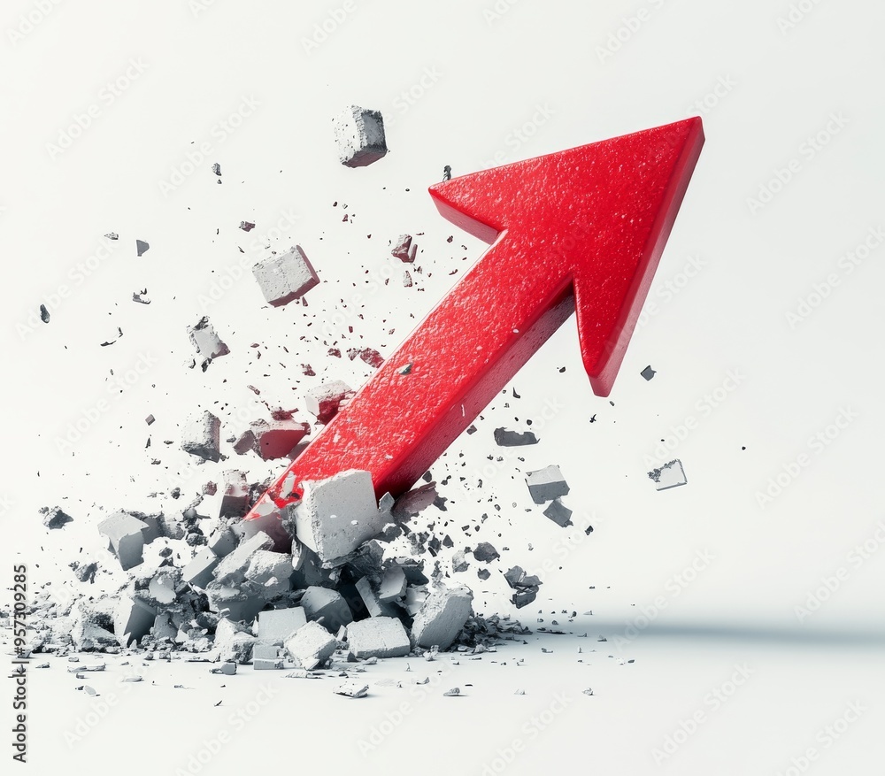Poster dynamic red arrow breaking through concrete with explosive energy