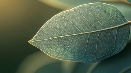 Obraz premium A detailed macro shot of a single eucalyptus leaf, focusing on its unique texture and subtle color gradient