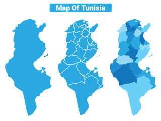 Vector Blue Tunisia political maps with borders regions simple flat illustration set 