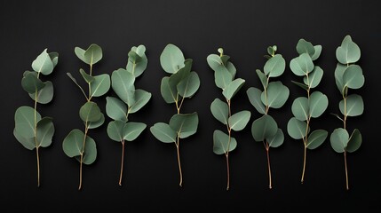 A minimalist composition of eucalyptus leaves arranged in a straight line on a black background, emphasizing their simple elegance