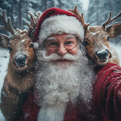 Funny santa claus grandpa making selfie with his reindeer modern lifestyle illustration, Merry Christmas