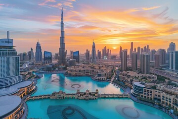 Obraz premium Dubai Aerial View. Beautiful Architecture of Dubai Downtown at Sunset