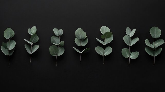 A minimalist composition of eucalyptus leaves arranged in a straight line on a black background, emphasizing their simple elegance - Powered by Adobe