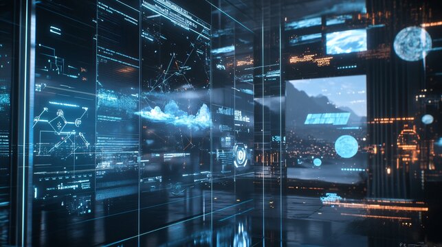 An AI-powered weather prediction system with real-time updates and holographic displays, symbolizing precision in forecasting