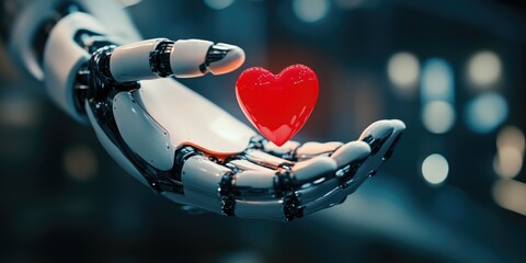 Love and Technology: Robot Hand Displaying Heart Symbol