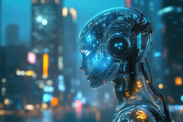 Glowing Circuitry AI Robot Profile Against Neon Skyscrapers