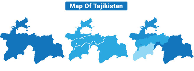 Vector Blue Tajikistan political maps with borders regions simple flat illustration set 