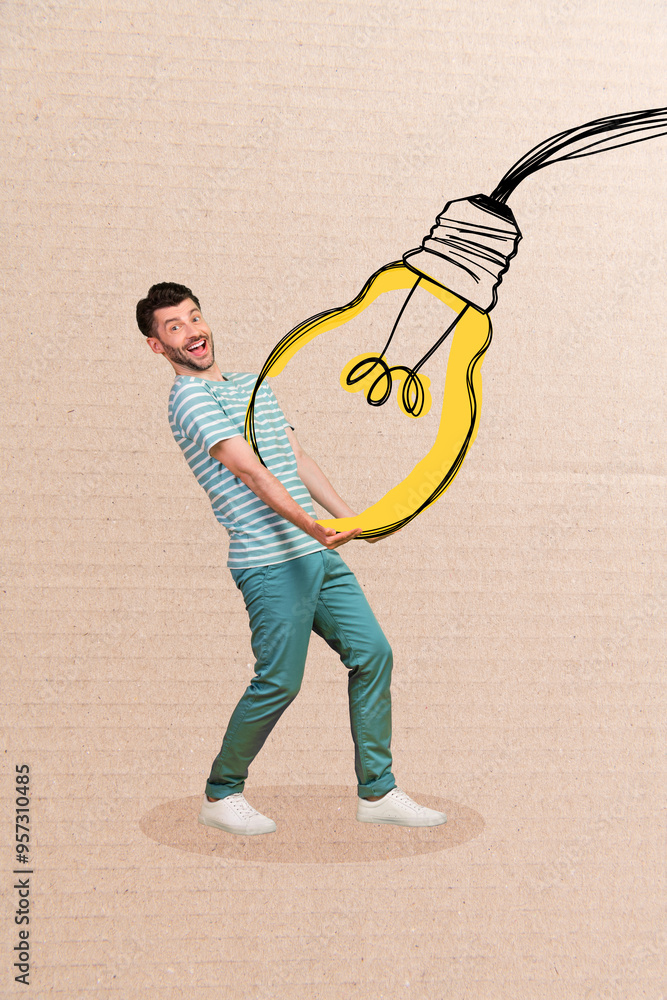 Poster artwork image collage of cheerful funny man carry huge lamp bulb isolated on paper drawing backgroun