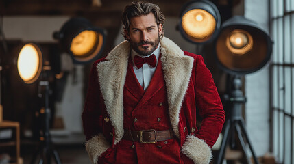 Elegant confident cool santa claus model modern lifestyle futuristic photo shooting posing