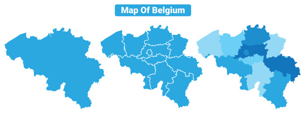 Vector Blue Belgium political maps with borders regions simple flat illustration set 