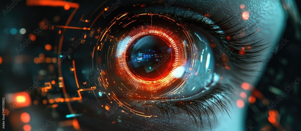 Poster 2d digital composite of an eye analyzing an advanced technological interface
