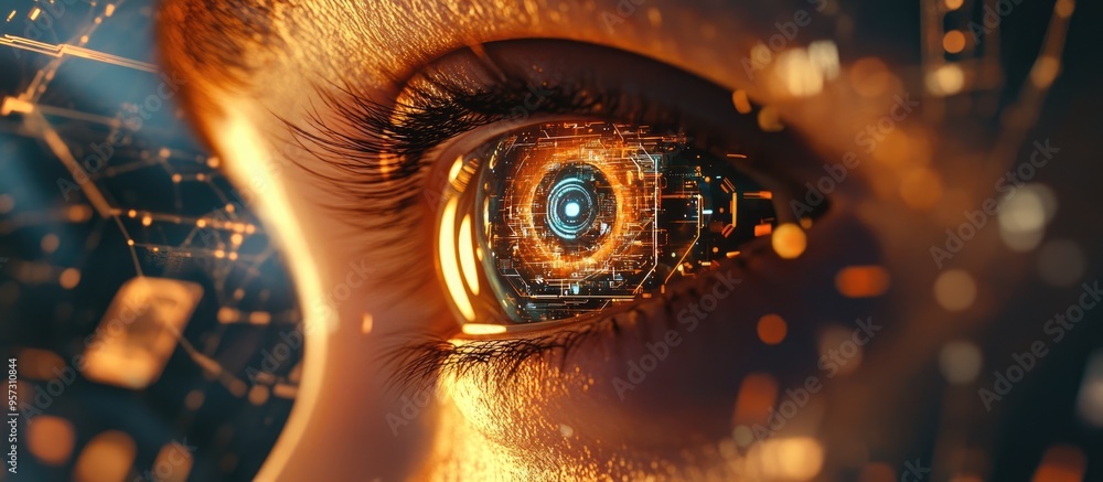 Poster 2d digital composite of an eye analyzing an advanced technological interface