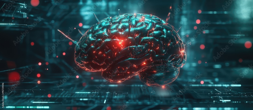 Poster 2d illustration depicting a conceptual thinking theme featuring a brain in an abstract style related
