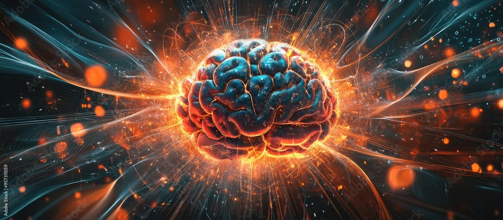 Poster 2d illustration depicting the concept of thought featuring a brain background and abstract represent