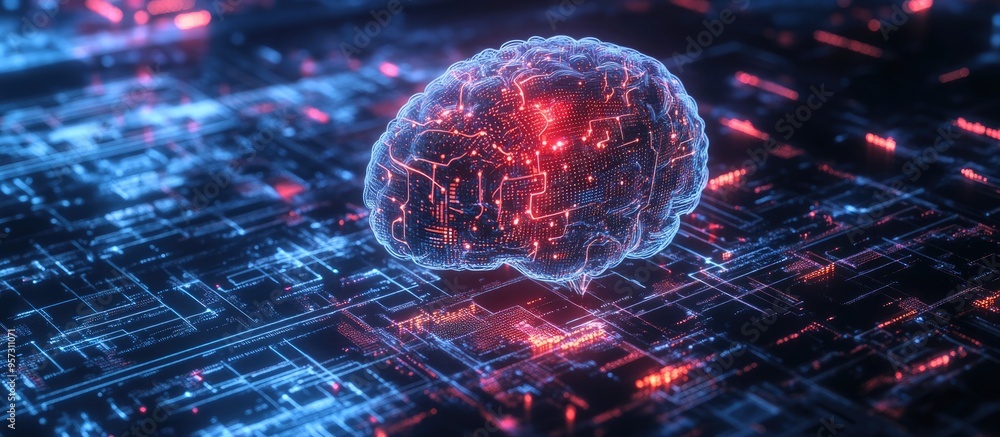 Poster 2d illustration depicting the concept of thought featuring a brain design and an abstract representa