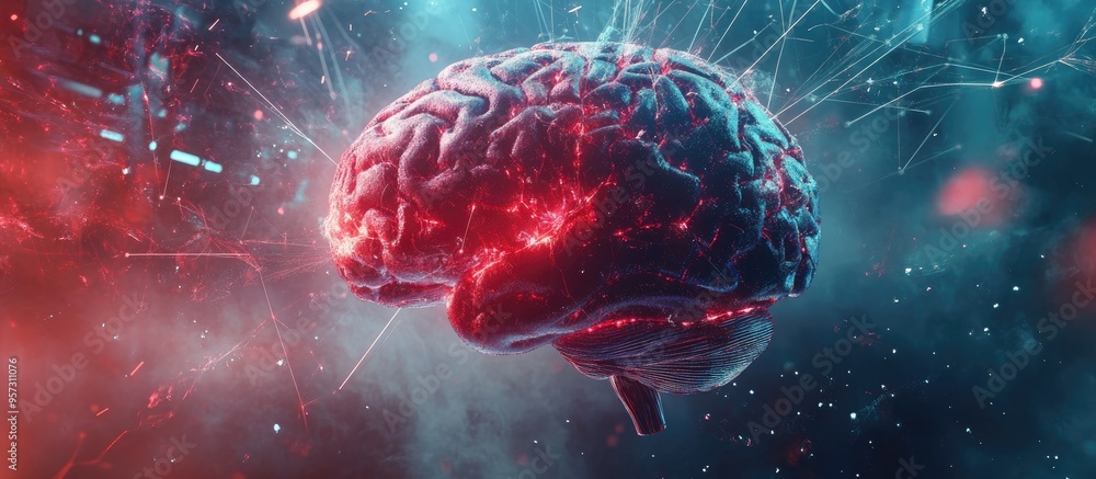 Poster 2d illustration depicting the concept of thought featuring a brain background and abstract represent
