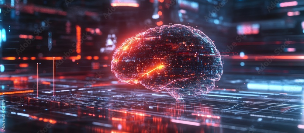 Poster 2d illustration depicting the concept of thought featuring a brain design and an abstract representa