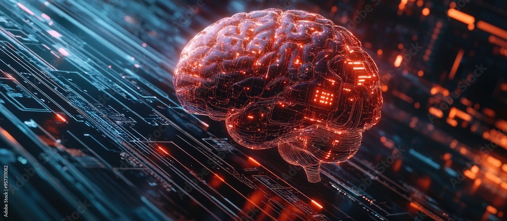 Poster 2d illustration depicting the concept of thought featuring a stylized brain and an abstract represen