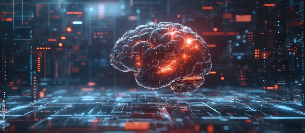 Poster 2d illustration depicting the concept of thought featuring a stylized brain and an abstract represen