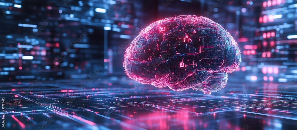 Poster 2d illustration depicting the concept of thought featuring a brain design and an abstract representa