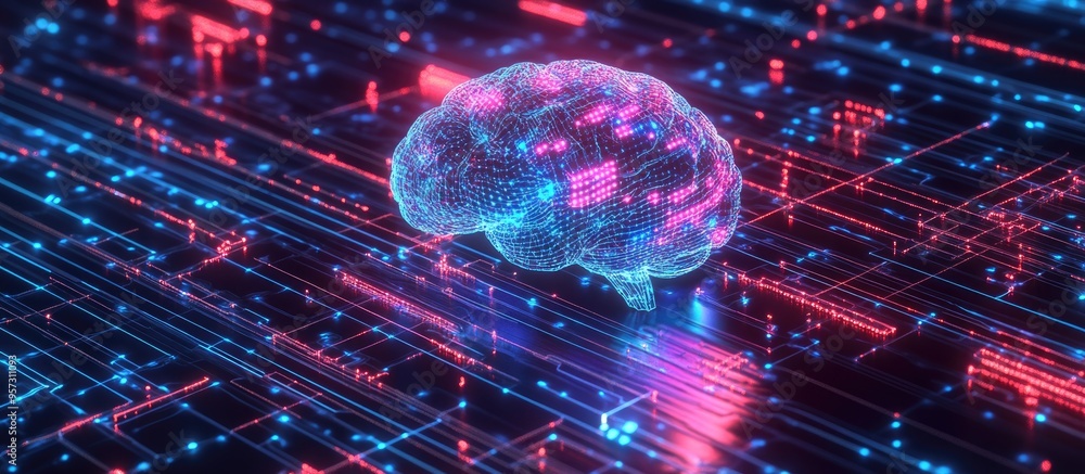 Poster 2d illustration depicting the concept of thought featuring a brain design and an abstract representa