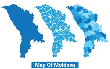 Fototapeta premium Vector Blue Moldova political maps with borders regions simple flat illustration set 