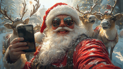 Funny santa claus grandpa making selfie with his reindeer modern lifestyle illustration, Merry Christmas