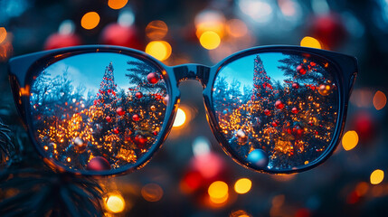close-up of pair of stylish eyeglasses reflecting beautifully decorated Christmas tree with lights ornaments