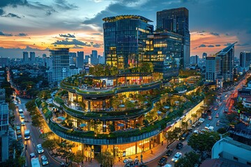 Naklejka premium A cityscape with a tall building with a green roof and a large green area