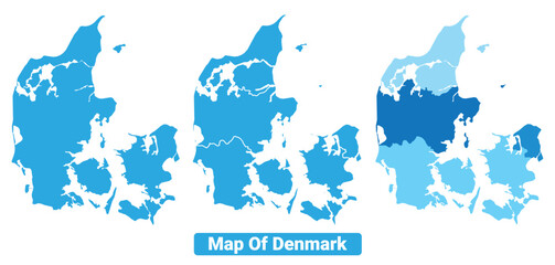 Fototapeta premium Vector Blue Denmark political maps with borders regions simple flat illustration set 