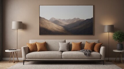 High resolution living room interior image design template with off-white colour sofa and photo frames on the wall.