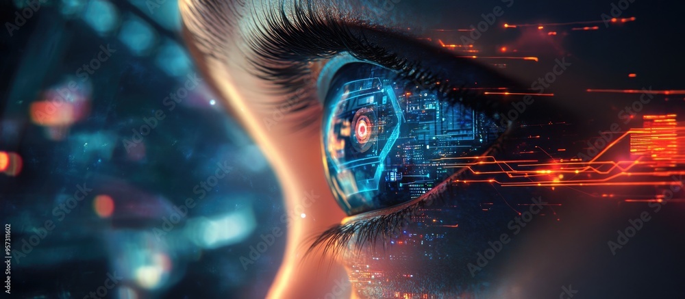 Aufkleber 2d illustration of an eye analyzing a high tech interface in a digital composite design