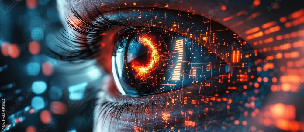 Poster 2d illustration of an eye analyzing a high tech interface in a digital composite design