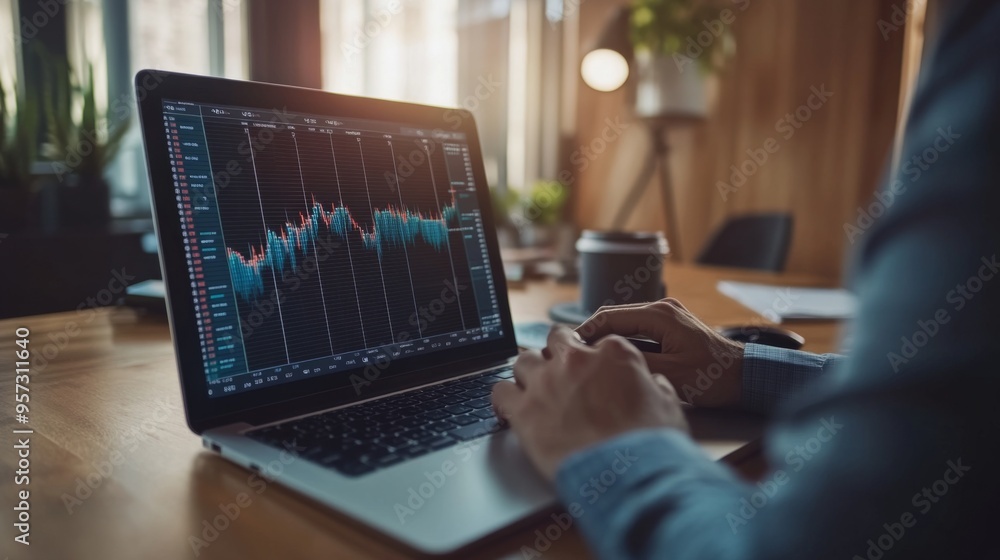 Fototapete a financial analyst working on a laptop with a screen displaying a complex, multi-line graph, set in